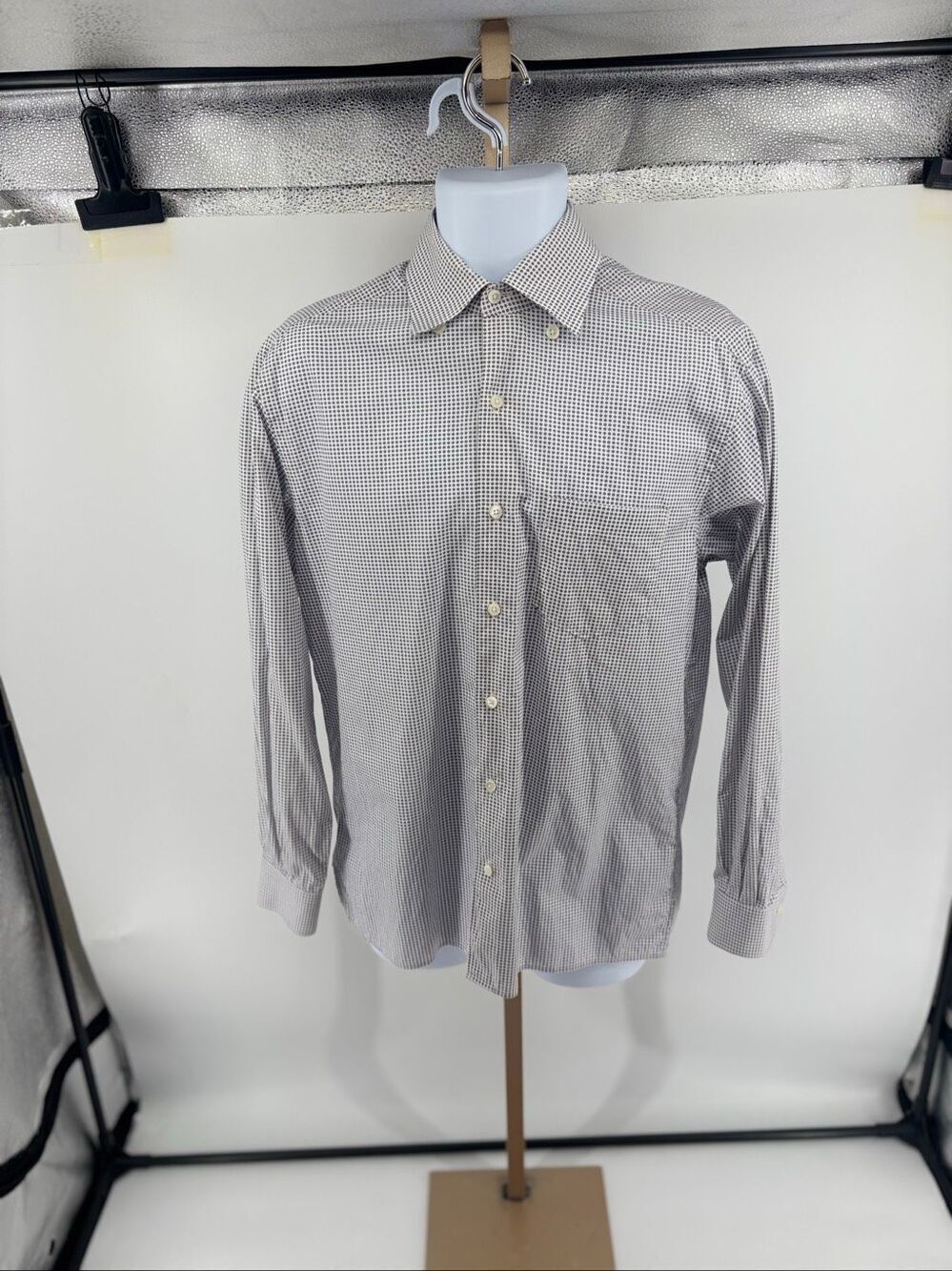 Ermenegildo Zegna Mens Medium Dress Shirt Gray White Micro Floral